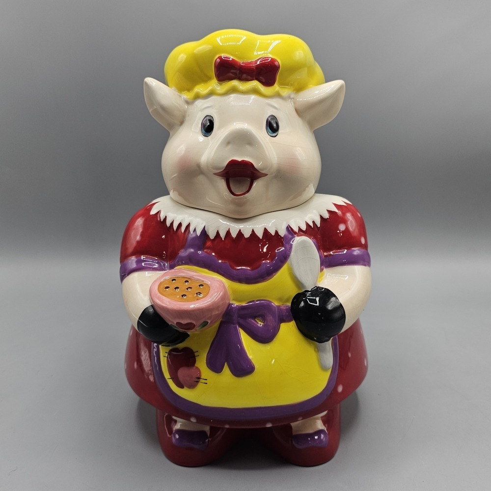 Vintage Happy Pig Baking In Red Polka Dot Dress Ceramic Cookie Jar 10"